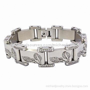Stainless Steel Bracelets with 220pcs of White CZ Stones and Lovely Leaf Shape